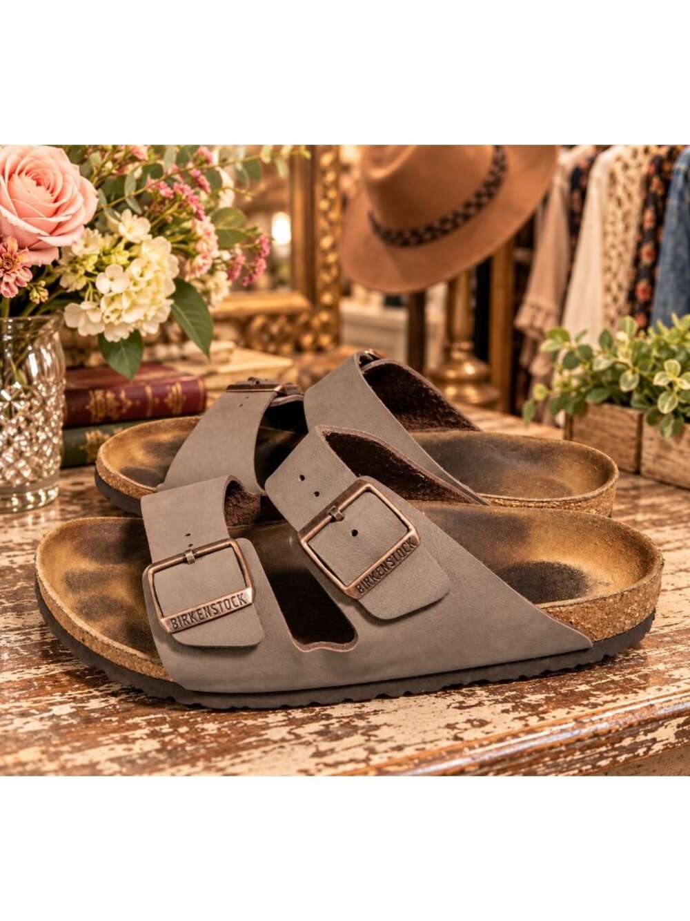 Birkenstock Arizona Unisex Cork Footbed Slip On-Taupe Brown L10/M8 Copper Buckle